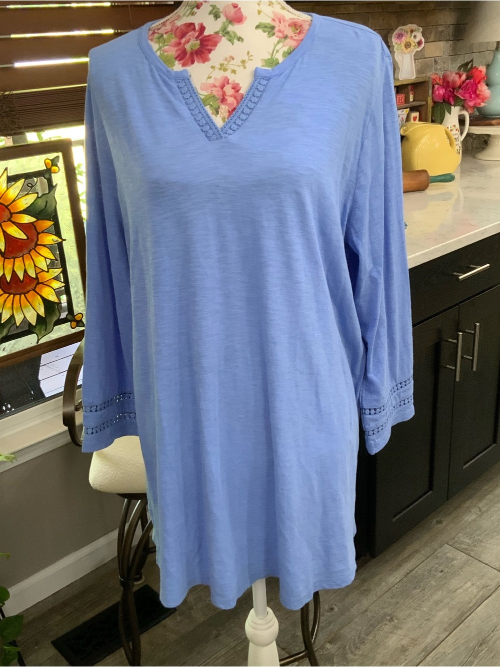 Kim Rogers Women’s 3/4 Sleeve Sky Blue Knit Tee Statement Sleeve New With Tags